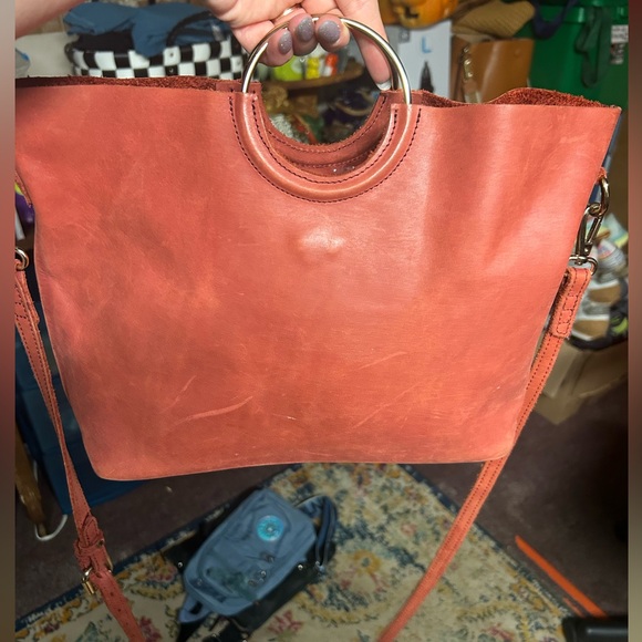 Able Rustic Red Leather Tote Bag with Ring Handles and Crossbody Strap